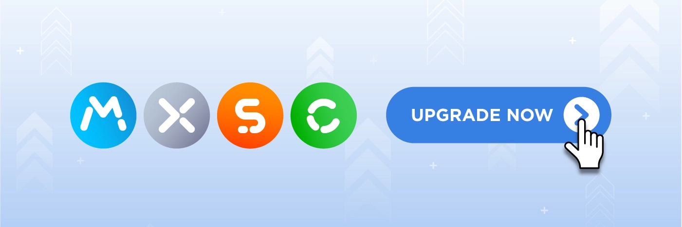 Icons for SOTI MobiControl, SOTI XSight, SOTI Snap, and SOTI Connect. A cursor is hovering over a button next them labelled "Upgrade Now" with an arrow pointing right.