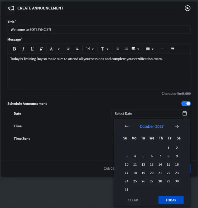 Create Announcement screen showing a message editor with a title field, formatting toolbar, announcement text, and a scheduled date picker calendar.